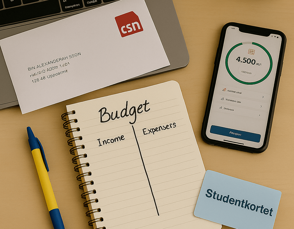 En svensk studentbudget i fokus: anteckningsbok med inkomster och utgifter, CSN-brev, studentkort, mobil med budgetapp och laptop – allt på ett skrivbord.