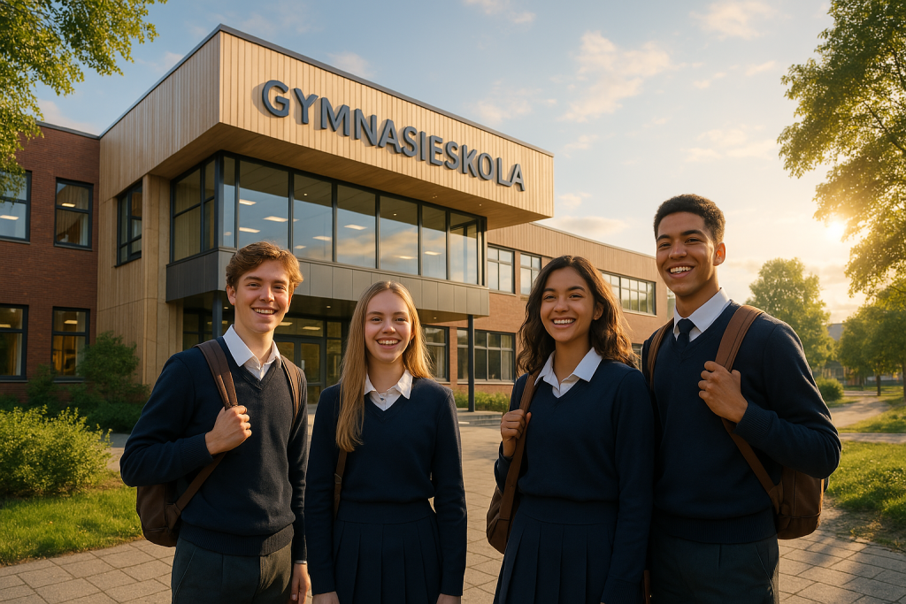 Fyra glada gymnasieelever framför en modern gymnasieskola – symboliserar Sveriges bästa gymnasieskolor 2025 enligt ranking från Studeravidare.se.